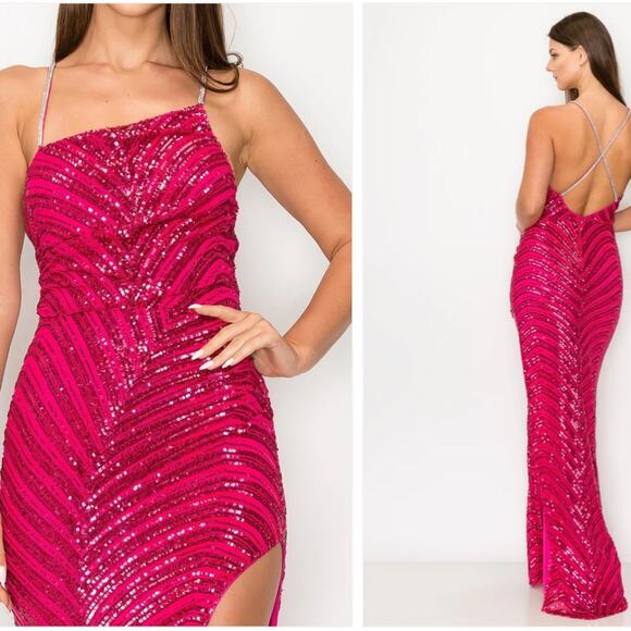 Minuet Apparel Dresses & Skirts - NWT Minuet - Large Y2K Kiara Rhinestone Strap Sequin Gown Slit - Fuchsia Pink